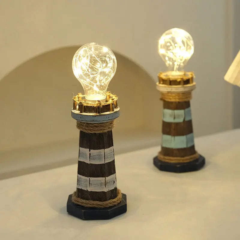 Mediterranean Style Wooden Lighthouse Ornaments Creative Retro Desktop Jewelry Luminous Home Ornaments Old Gift Decoration Oasis Select