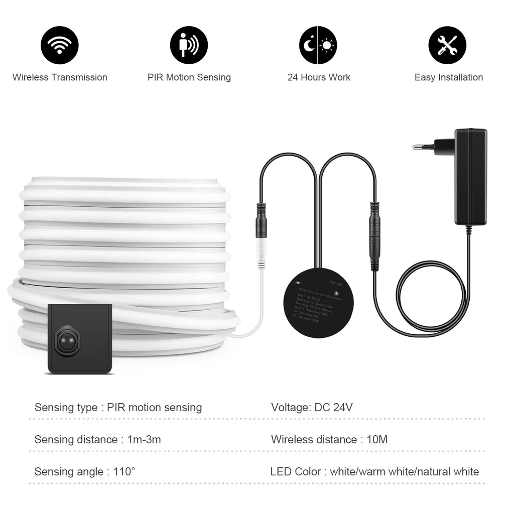 24V COB Neon LED Strip Smart Night Lamp Portable PIR Motion Sensor Switch with Silicone Tape for Bed Stair Corridor Lighting Oasis Select