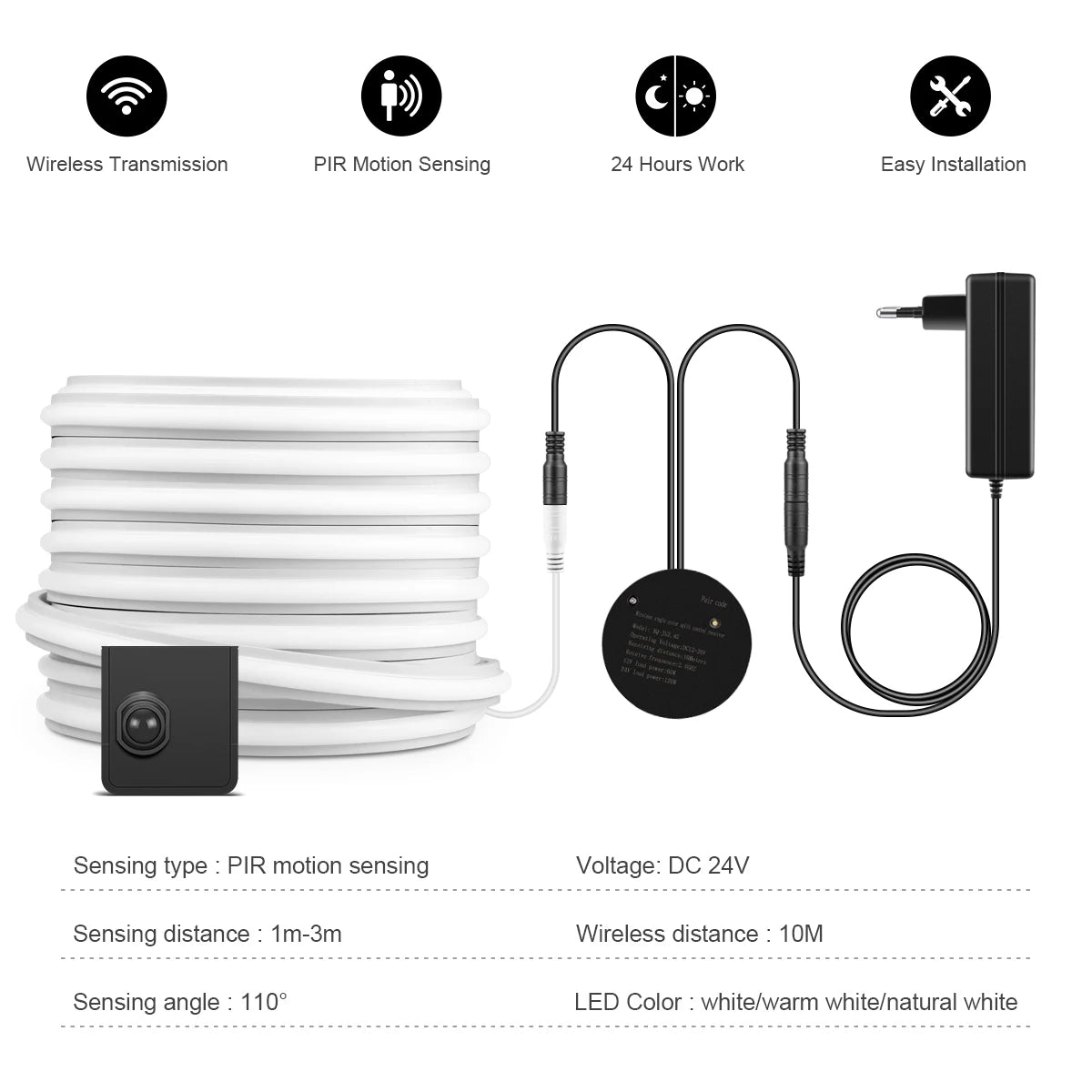 24V COB Neon LED Strip Smart Night Lamp Portable PIR Motion Sensor Switch with Silicone Tape for Bed Stair Corridor Lighting Oasis Select