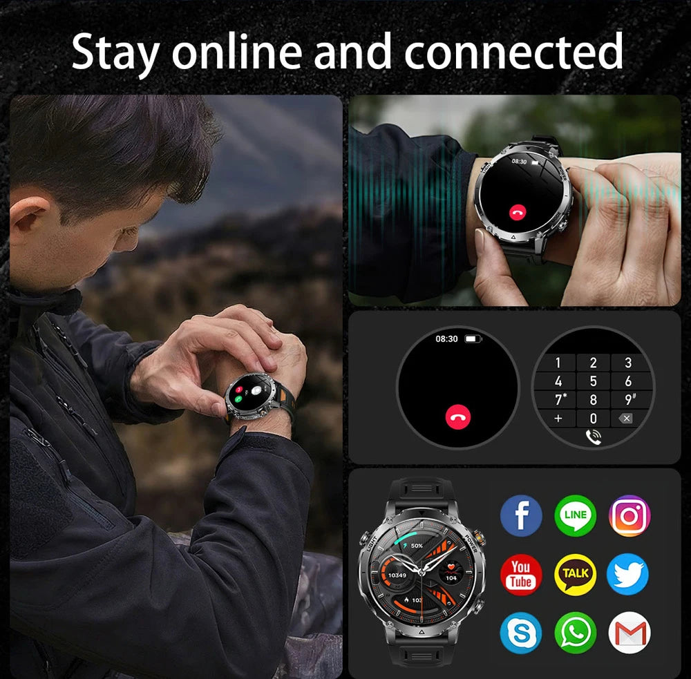 Military 1400mAh Battery Smart Watch Men Outdoor Flashlight Waterproof Heart Rate BT Call Sports Bracelet Health Smartwatch SOS Oasis Select