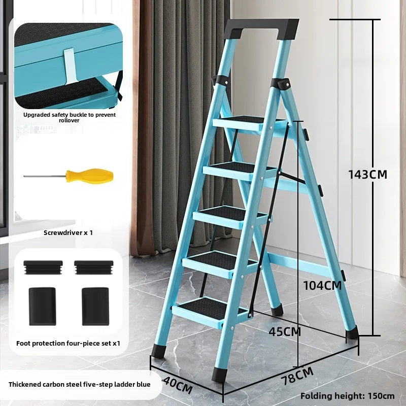 Home ladder stool folding zigzag ladder anti slip pedal ladder indoor and outdoor multifunctional portable ladder Oasis Select Five steps blue