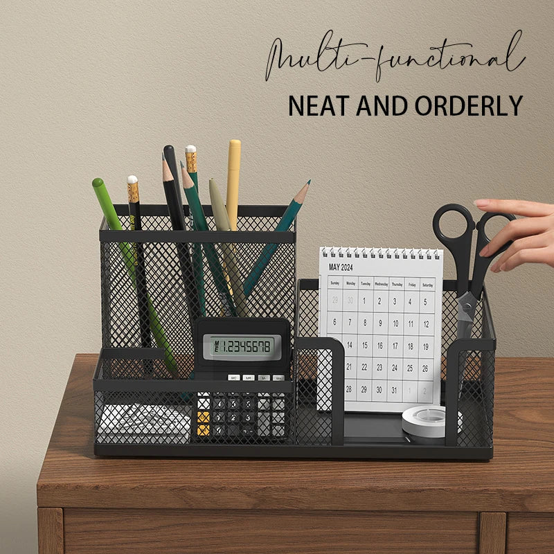 Mesh Desk Organizer Office Supplies Caddy with Pencil Holder and Storage Baskets for Desktop Accessories, 3 Compartments, Black Oasis Select