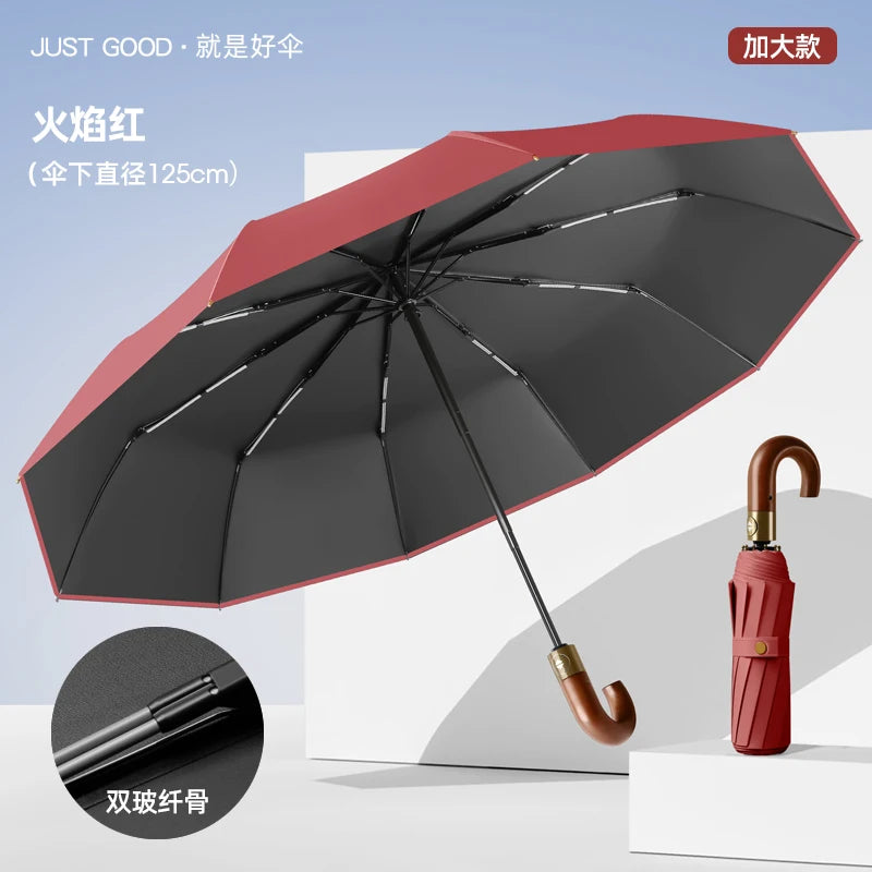 Automatic Umbrella Bent Hook Wooden Handle Umbrella Large Double Thickened Storm Resistant Umbrella Oasis Select Red 125cm 10K metal-fiber composite