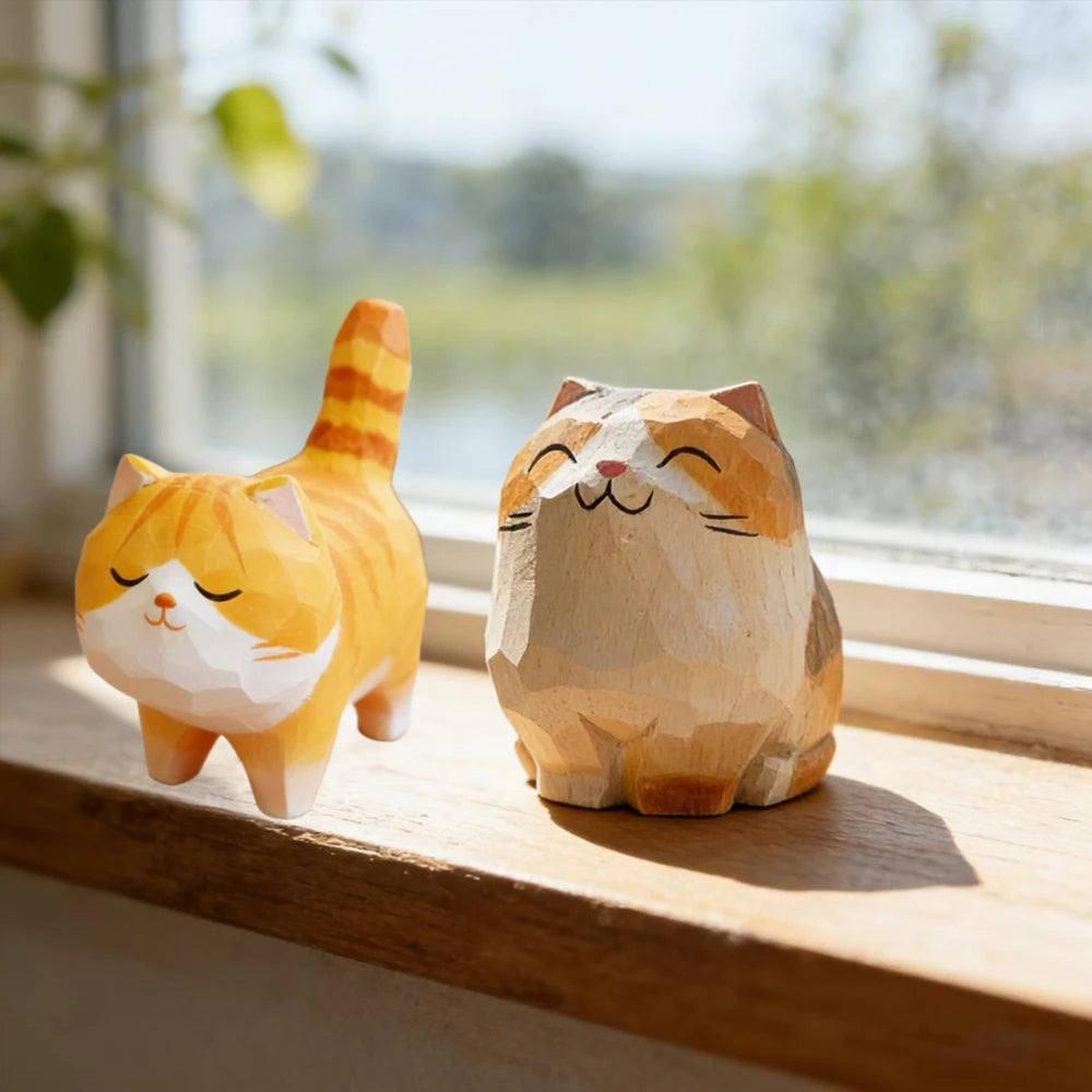 Handmade Wooden Cat Figurine – Carved Calico & Orange Kitten Wood Cat Figurine Oasis Select