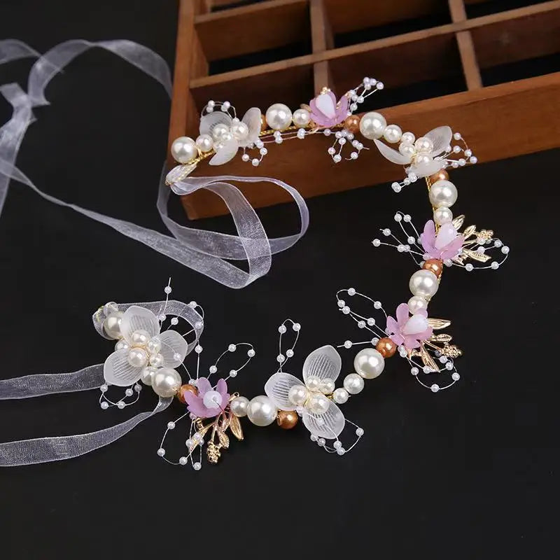 1pcs Children's Headband Sweet European Fairy Style Golden Leaf Headband Flower Wreath Pearl Headband New Crown Oasis Select purple