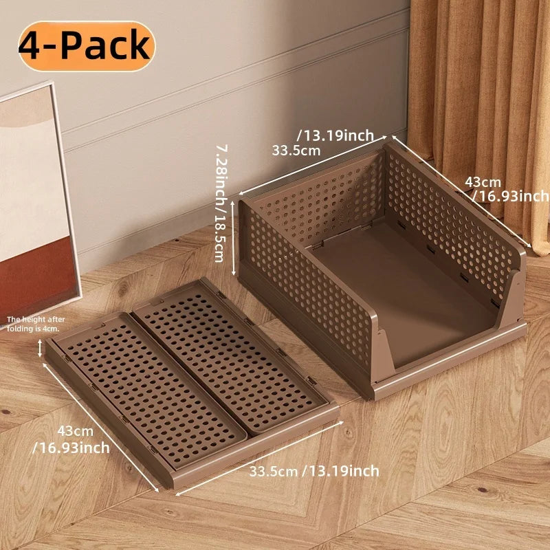 Foldable Storage Basket, Freely Stackable Multi-Layer Heavy-Duty,Stores Snacks/Clothes/Toys, Ideal for Living Room/Bedroom Oasis Select 4-pack-Brown