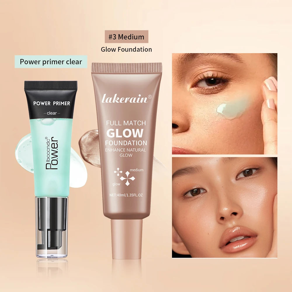 Powder Grip Primer Gel & Glow Foundation Makeup Kit Hydrating Smoothing Skin Lightweight Brighthen Shiny Fase Cosmetics Combo Oasis Select SET 3
