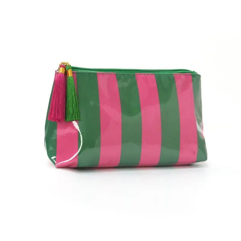 Waterproof Striped PVC Cosmetic Bag with Tassel Zipper