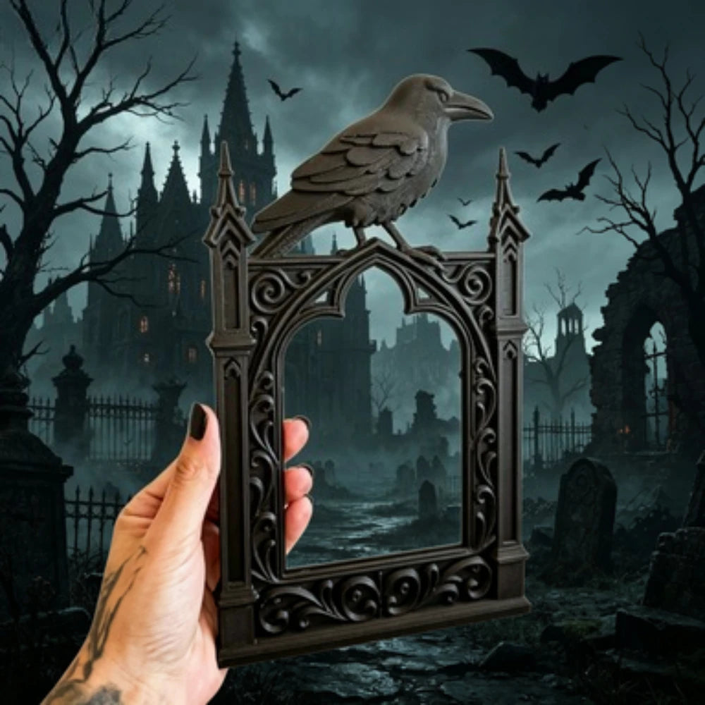 Black Gothic Crow Photo Frame Spooky Cathedral Style Decor Halloween Occult Aesthetic Picture Frame Occult Display Photo Frame Oasis Select