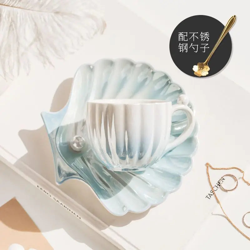 Shell Ceramic Mugs, Women's Coffee Water Cups Household Pearl Cup and Dish Sets High Appearance Level Cups Oasis Select blue 240ml