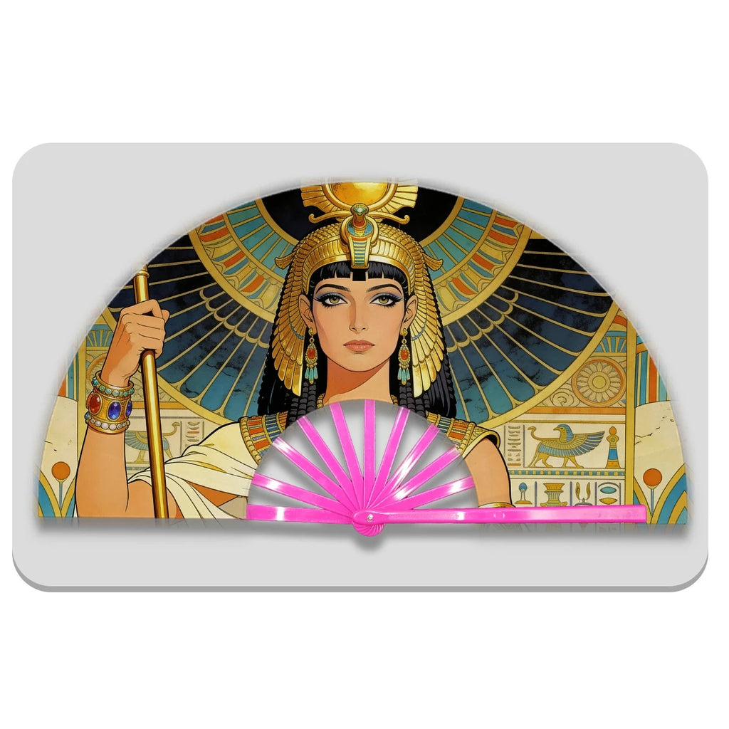 13" Egyptian Cleopatra Folding Fan - Plastic Rib Large Hand Fan for Cosplay, Ancient Egypt Party Decor & Summer Cooling Oasis Select Rose Red