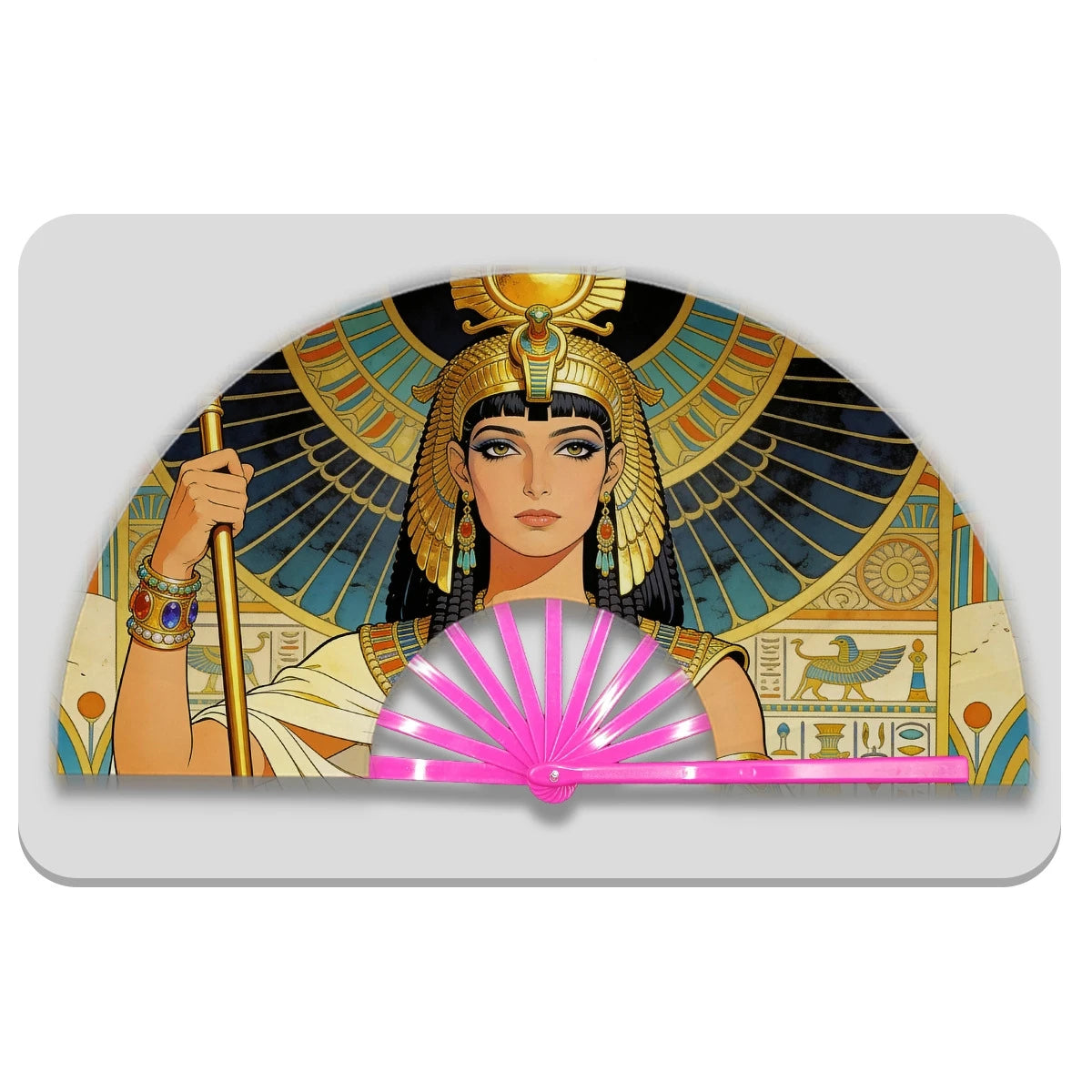 13" Egyptian Cleopatra Folding Fan - Plastic Rib Large Hand Fan for Cosplay, Ancient Egypt Party Decor & Summer Cooling Oasis Select Rose Red