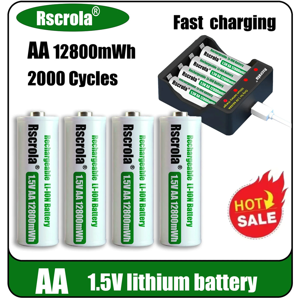 Universal Rechargeable 1.5V AA 12800mWh Lithium ion Battery Fast charging with Charger for Camare Clock Mouse Fan Electric Toys Oasis Select