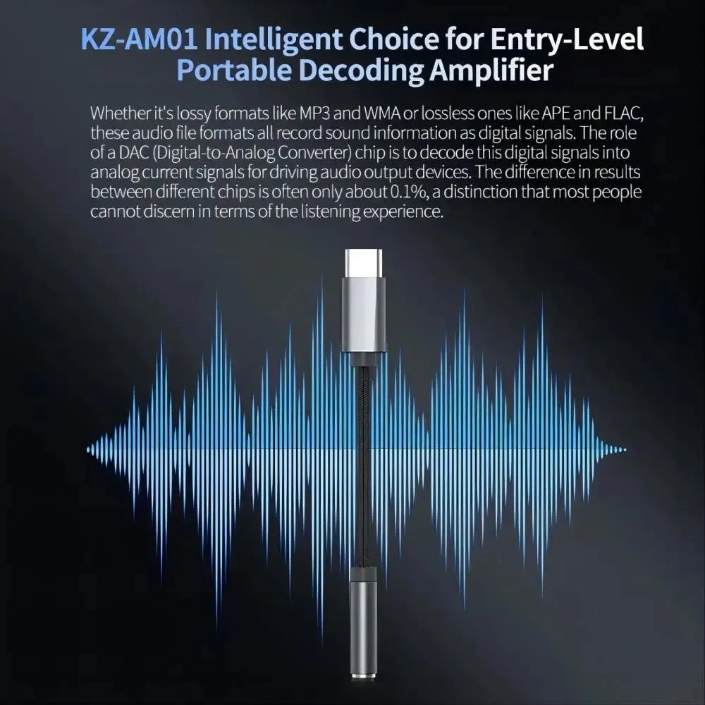 KZ AM01 Type-C to 3.5mm Audio Adapter 32bit/384kHz Hi-Fi DAC + IC Amplifier Dual Chip Earphone Audio Cable Oasis Select
