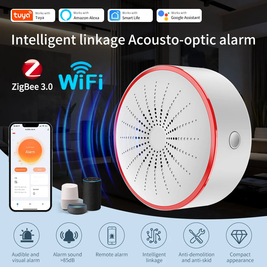 Tuya WiFi Zigbee Smart Sound & Light Alarm | USB Security Smart Alarm Sensor Oasis Select
