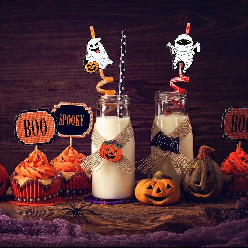 8pcs 27cm Plastic Halloween Straw Reusable Miner Plastic Spiral Drinking Straws Kids Birthday Party Decorations Juice Straws Oasis Select