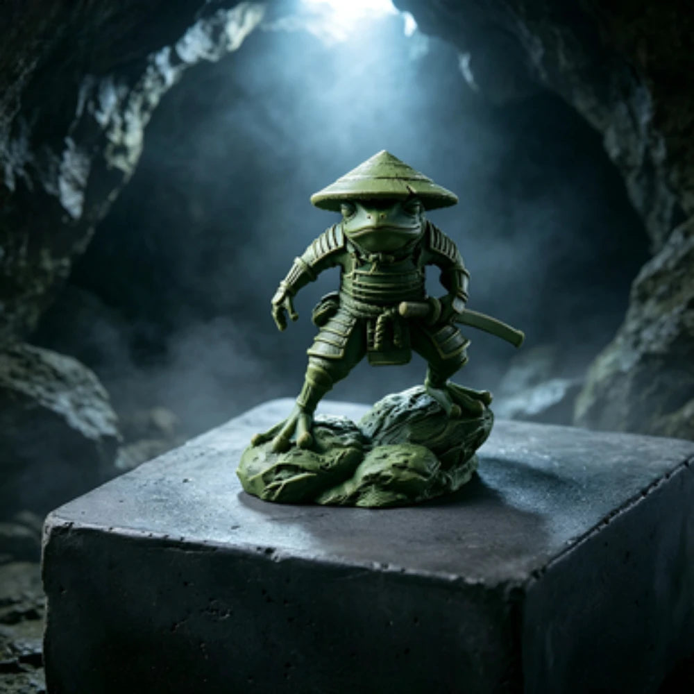 3D Samurai Frog Statue with Retro Bamboo Hat Armor Japanese Warrior Frog Desktop Figurine Study Tea Table Entryway Decorative Oasis Select