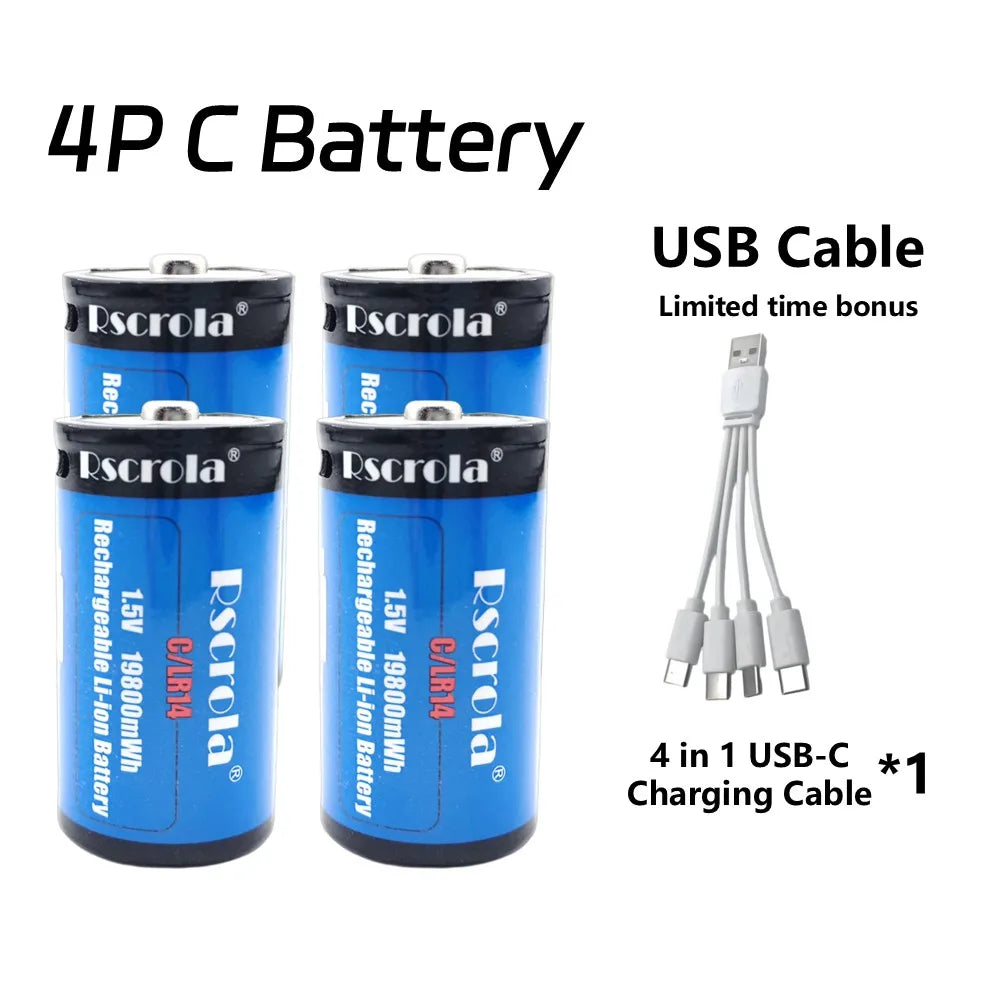 USB-C Rechargeable C Batteries, 19800mWh 1.5V C Batteries, Fast Charging 2 Hours, Replace LR14 Battery for Speakers & Doorbells Oasis Select 4P C Battery