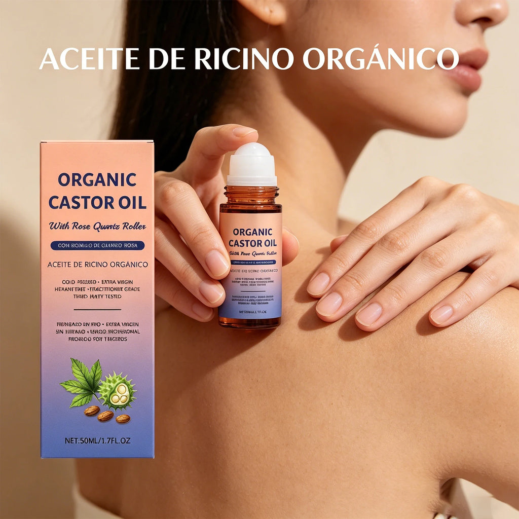 Organic Castor Oil With Rose Quartz Roller Cold Pressed Moisturizing Nourishing Body Face Hair Care Moisturizing Serum 50ml Oasis Select