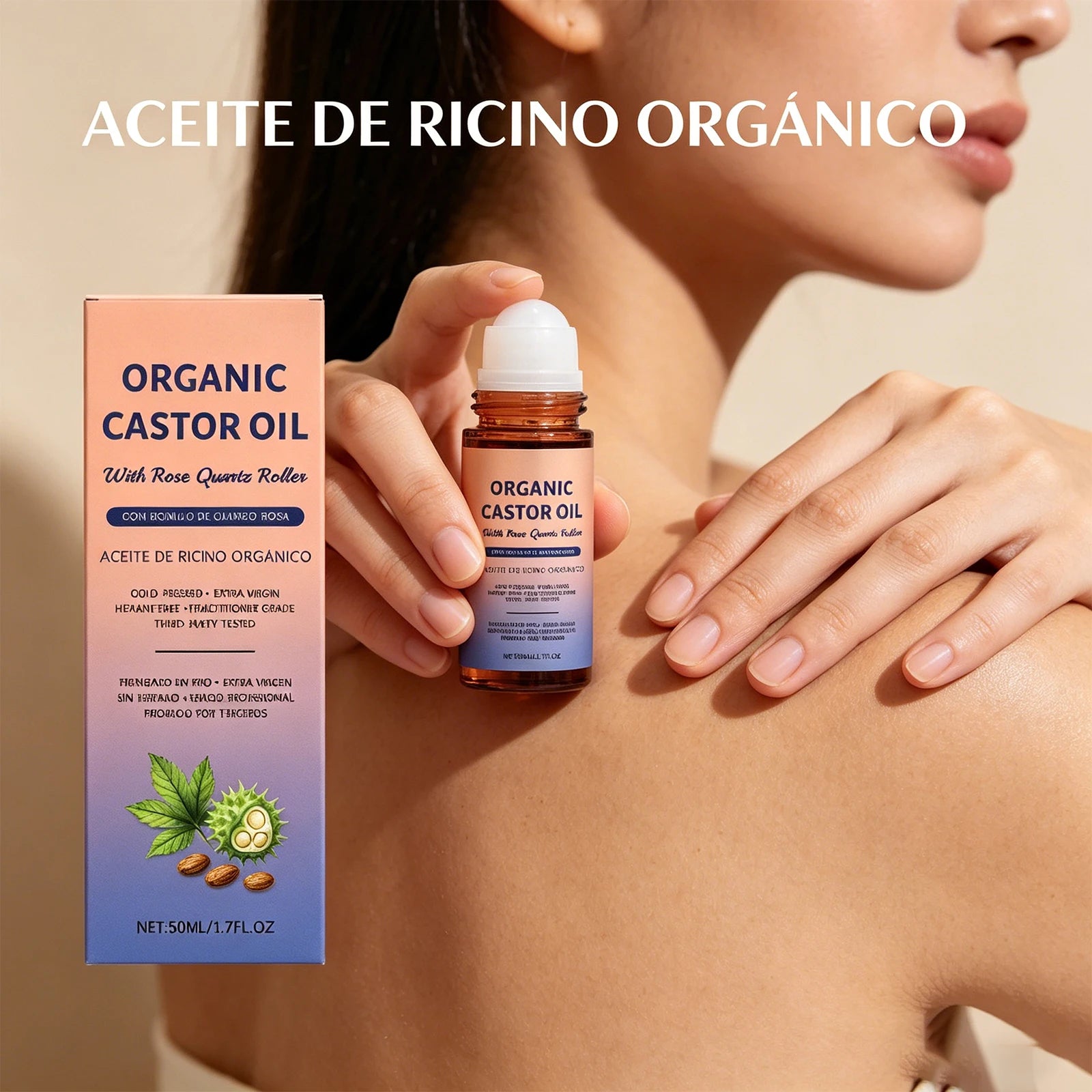 Organic Castor Oil With Rose Quartz Roller Cold Pressed Moisturizing Nourishing Body Face Hair Care Moisturizing Serum 50ml Oasis Select