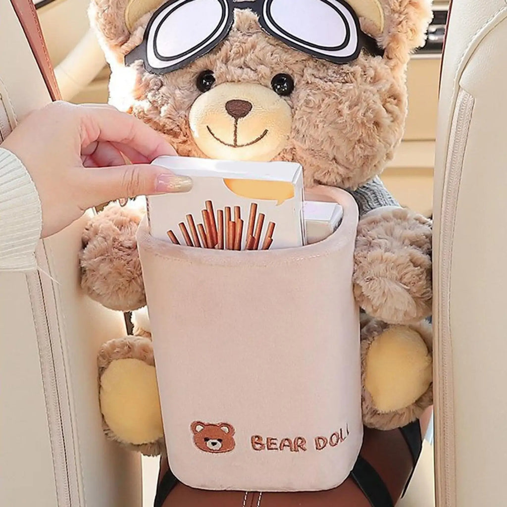 2-in-1 Car Tissue Box Vehicle Armrest trash Can Leakproof Plush Bear Tissue Holder And Trash Can car Storage car Interior Oasis Select