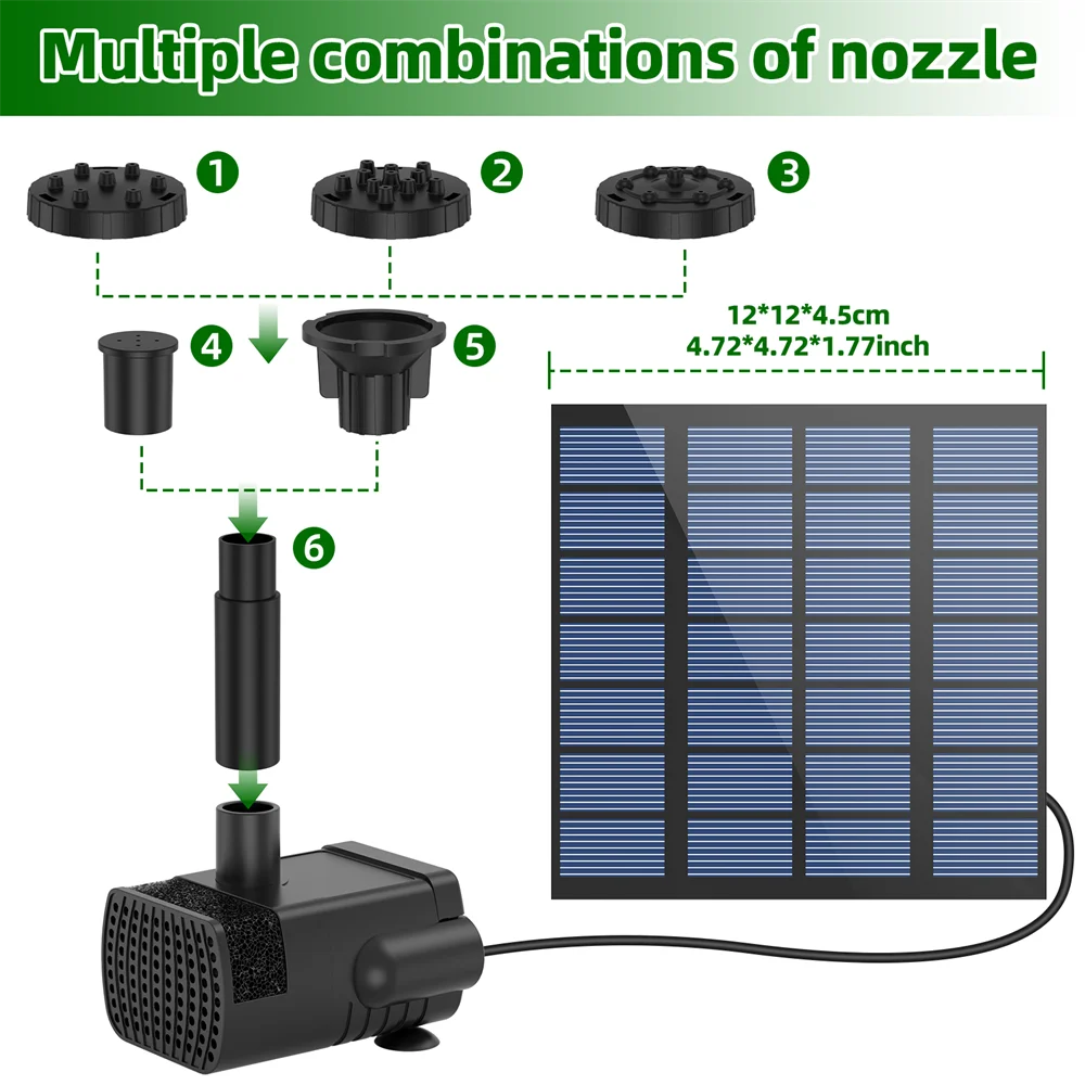 1.8W Solar-Powered Water Fountain Solar Fountain Bird Bath Pump with 6 Nozzles DIY Water Feature for Garden Pond Bird Bath, IPX8 Oasis Select 1.8W