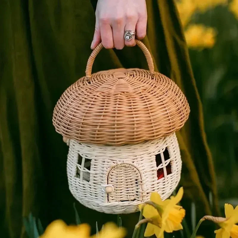 Handmade Mushroom Basket Bag Rattan Woven Baskets Straw Storage Box Vacation Picnic Basket Kid Toy Sundries Storage Basket Oasis Select