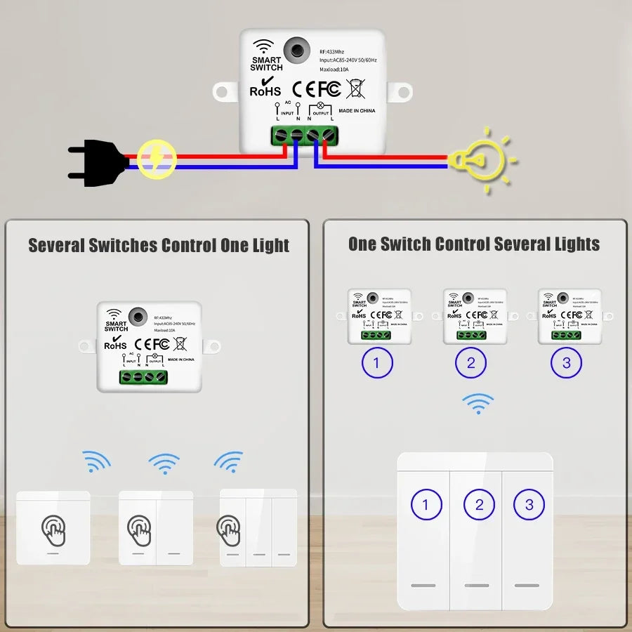 433MHz Wireless Smart Wall Switch 1/2/3 Gang RF Remote Relay Wireless Smart Switch Oasis Select
