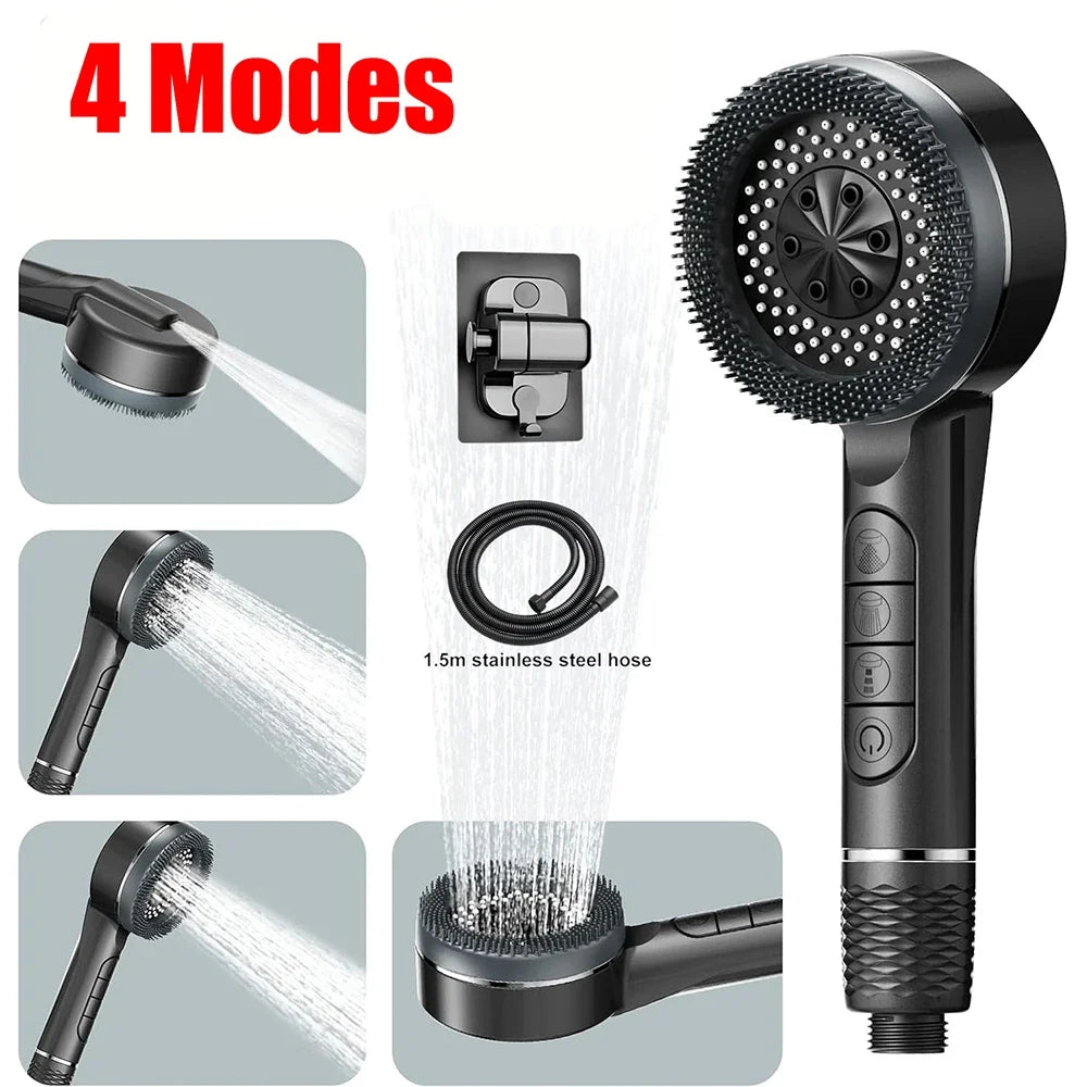 4 Modes Self-cleaning Shower Head with Silicone Brush One-Key Stop Water Massage High Pressure ABS Showerhead with Filter Oasis Select