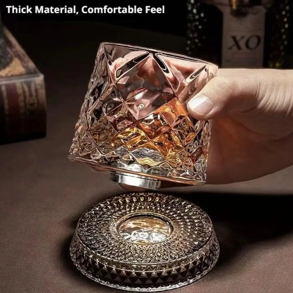 280ml Glass Cup with Base Crystal Rum Whiskey Rotating Glass Mug Diamond Cut Ice Flower Bubble Pattern Spinner Cup Business Gift Oasis Select