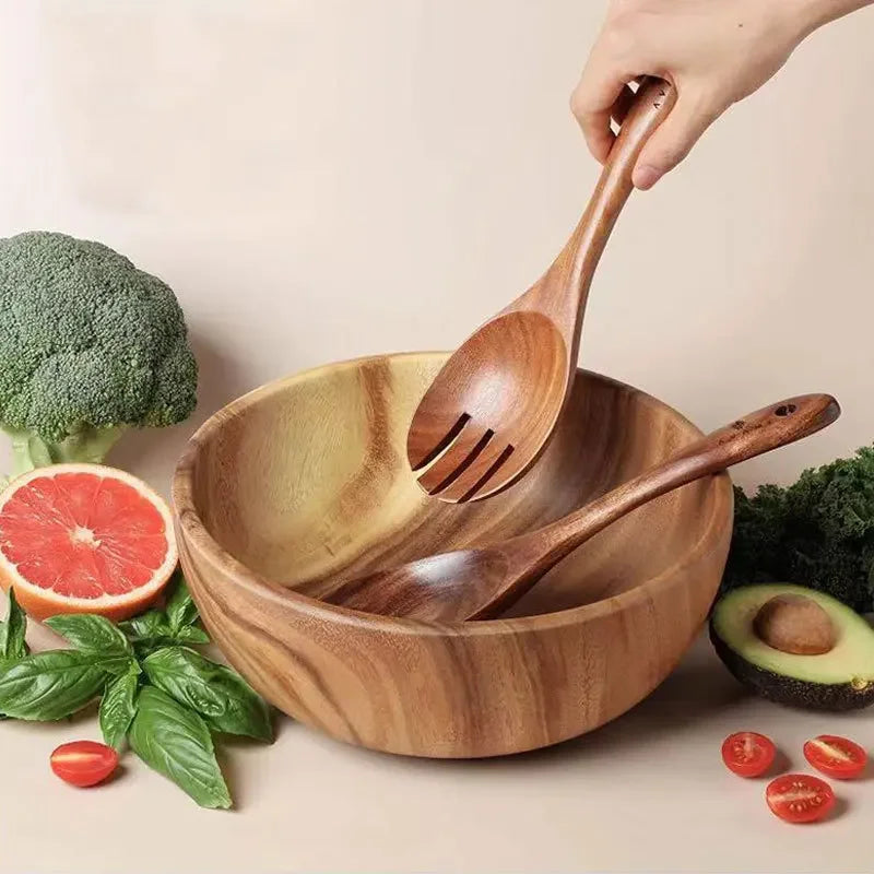 2Pcs Dinnerware Set Wooden Large Spoon Fork Cutlery Set Japanese Style Long Handle Serving Salad Scoop Tableware Kitchen Utensil Oasis Select