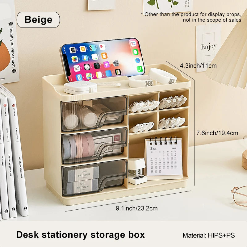 Desk Organizer,Desktop Stationary Organizer Caddy,with Pen Holder,3 Drawers,for School, Home, Office Supplies Oasis Select Beige