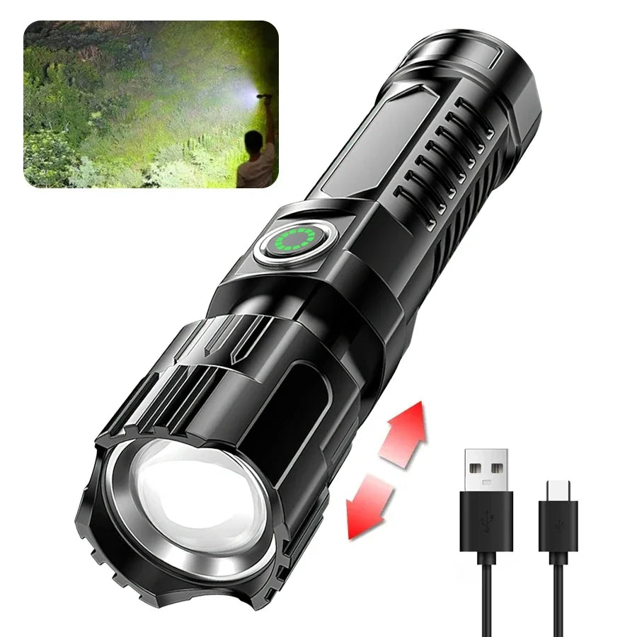 Super Bright P200 LED Flashlight Zoom Tactical Torch Built-in Battery USB Rechargeable Waterproof Lamp Ultra Bright Lantern Oasis Select 1PC