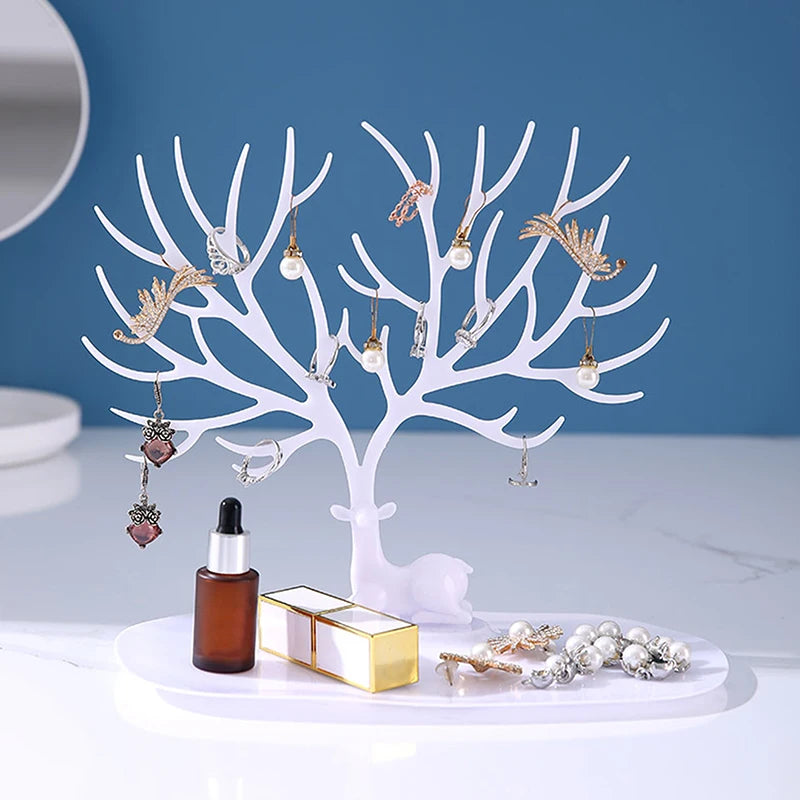 Multi-functional Desktop Jewelry Tree Stand Display Organizer with Tray for Earrings Necklaces Rings Jewelry Storage Box Decor Oasis Select White
