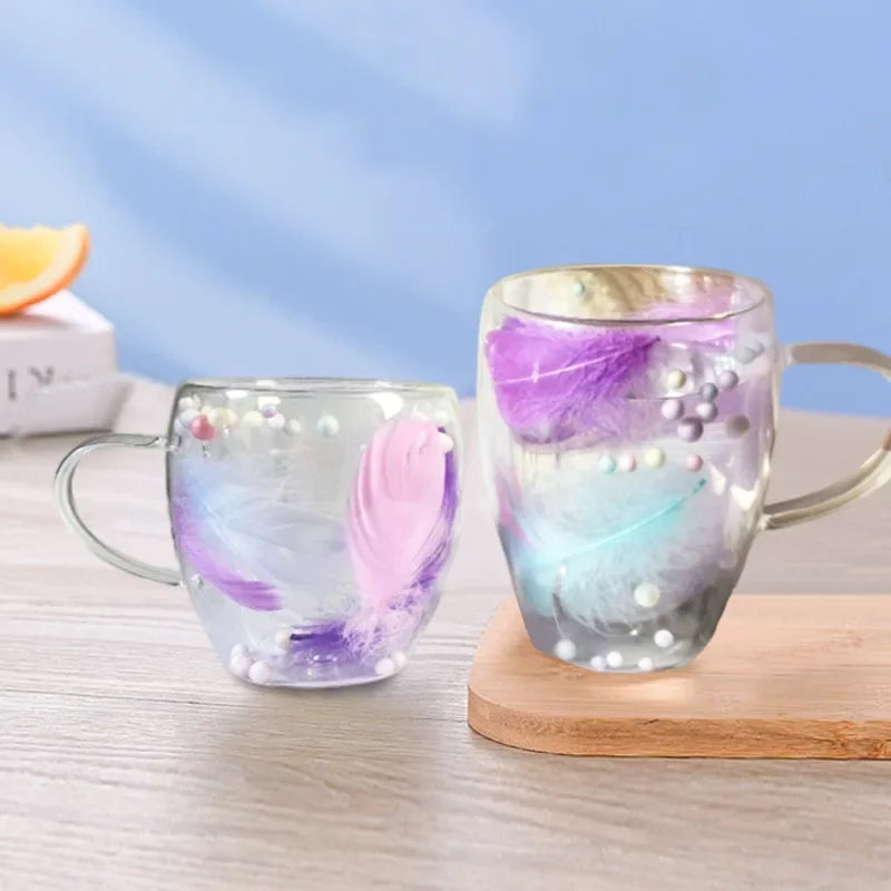 250/350ML Double Wall Coffee Mug with Handles Clear Milk Cups Gifts Glass Cup Household Office Fill Simulation Feather Teacup Oasis Select