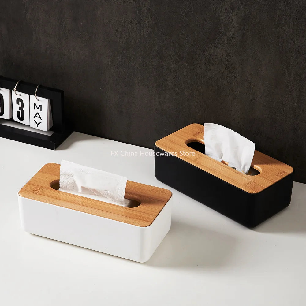 Bamboo Lid Plastic Tissue Box Organizer Rectangular Paper Towel Holder for Living Room Bathroom Kitchen Storage Oasis Select