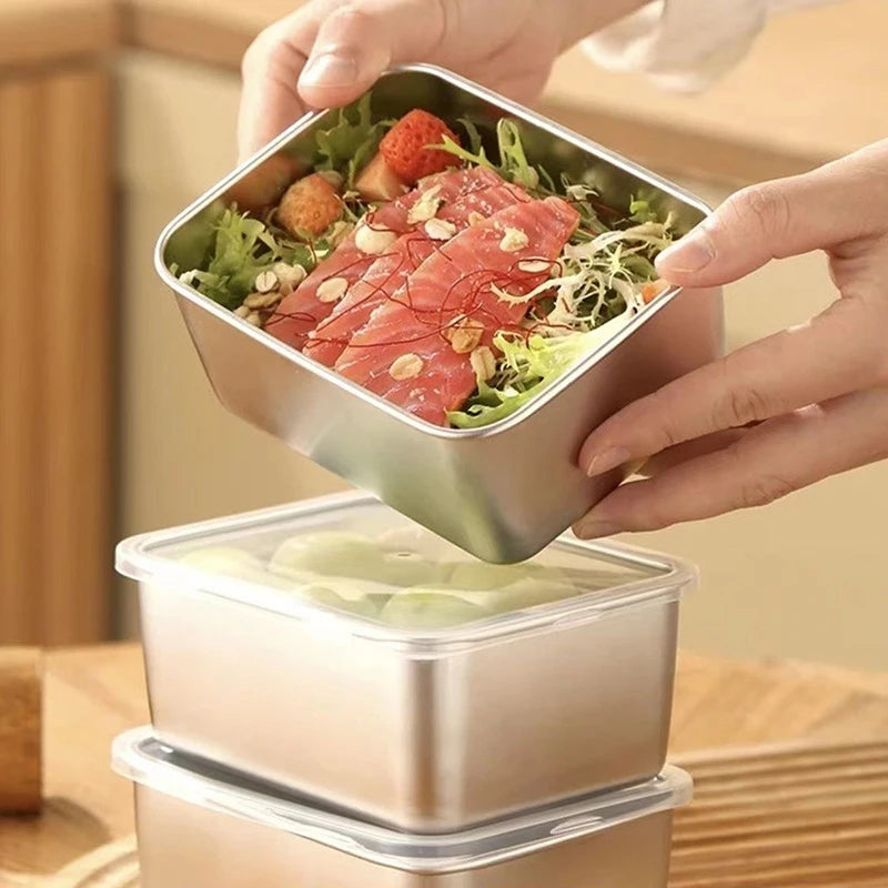 1PC Stainless Steel Refrigerator Food Storage Box With Plastic Lid Prepare Food Freshness Preservation Box Picnic Box Oasis Select