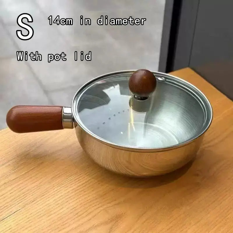 Chic Stainless Steel Noodle Pot for Individual Portions, Peach Wood Accents, Small Stovetop Pot Oasis Select S With pot lid