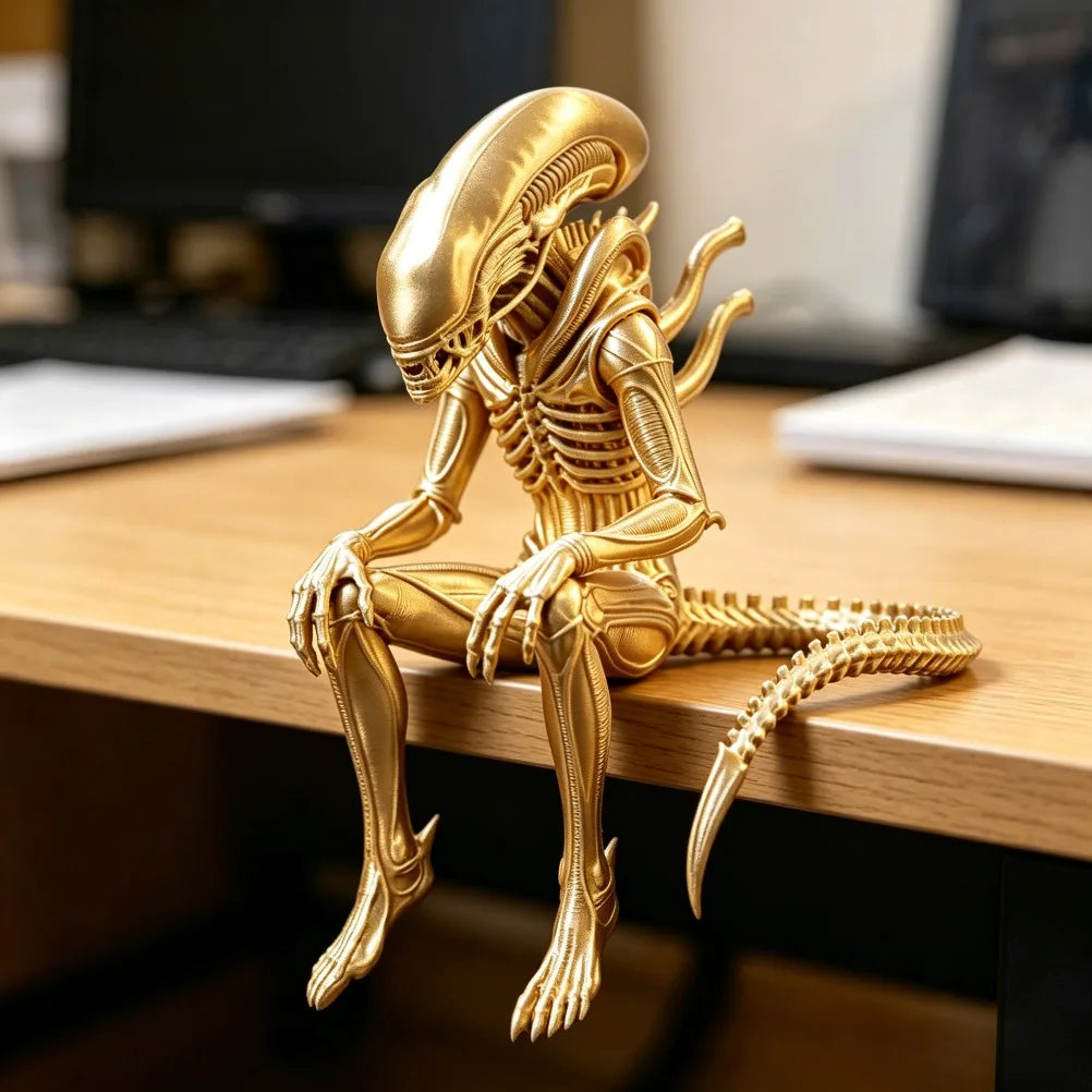 Sci-Fi Horror Alien Monster Sculpture 3D Printed Sitting Figurine Gothic Desktop Ornament Creative Collectible Decoration & Gift Oasis Select gold 9x9.2x7cm