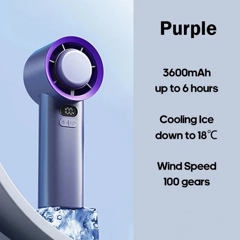 100 Wind Speeds Portable Handheld ICE Cooling Turbo Fan 3600MAH High endurance rechargeable mini fan Suitable hot summer days Oasis Select PURPLE