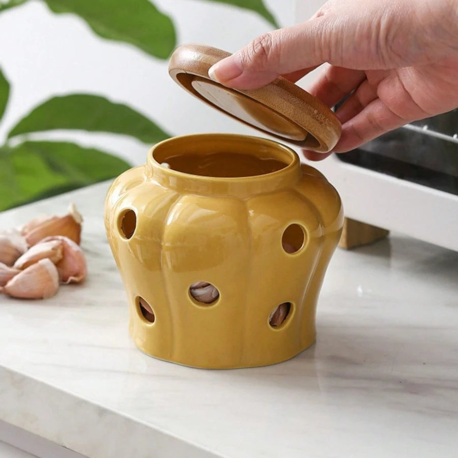 Ceramic Garlic Storage Jar Hollow Out Breathable Ginger Garlic Storage Jar Garlic Ginger Porcelain Container Kitchen Organizers Oasis Select