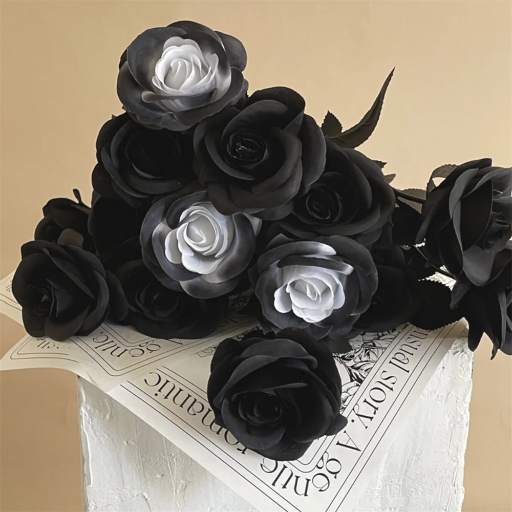 Halloween Black Artificial Rose Flowers Dark Horror Gothic Black Simulated Flower Bouquet for Home Wedding Party Halloween Decor Oasis Select