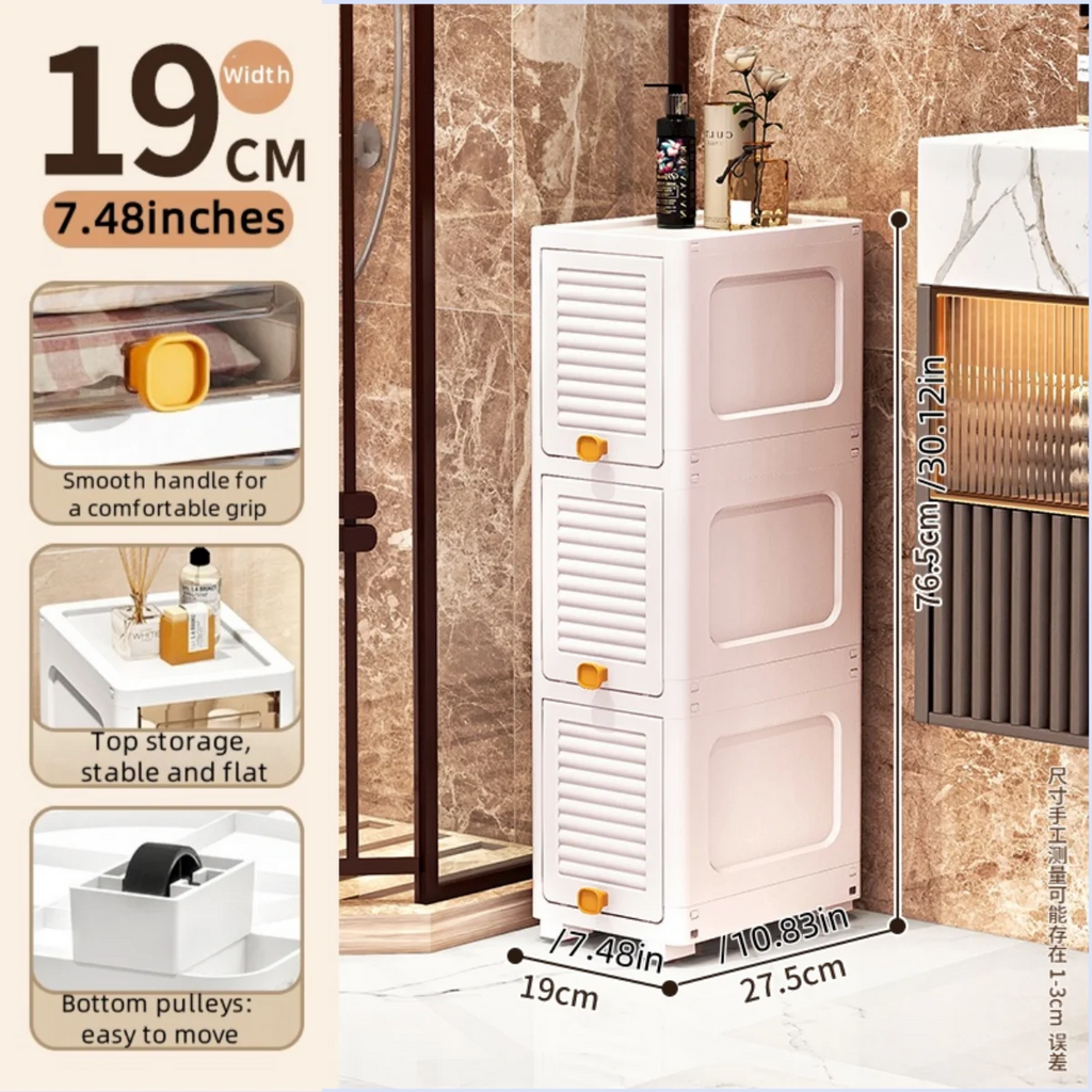19cm Narrow Cabinet with Flip Lid Large Capacity Adjustable Shelves Organizer for Kitchen Bathroom Bedroom Living Room Oasis Select 3 Tiers White