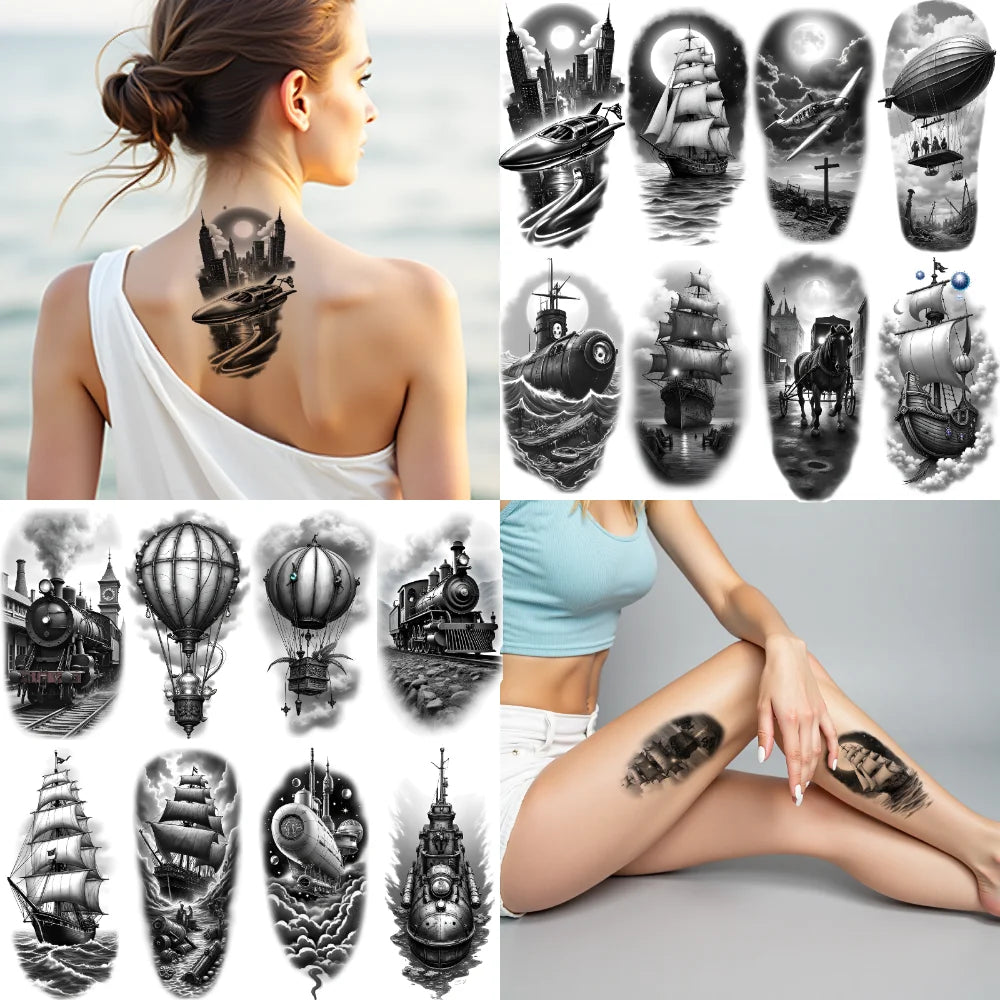 12pcs Waterproof Temporary Tattoo Stickers – Sailboat & Cityscape
