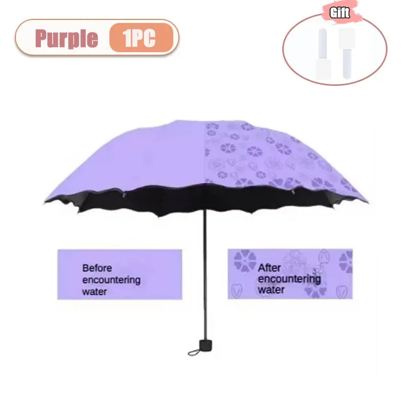 Portable Creative Water Flowering Umbrella Manual Black Coating UV Protection Sun Rain Dual Use Folding Parasol Oasis Select metal-fiber composite 8K Purple-1PC