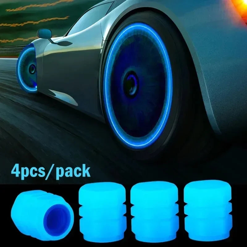 4/8/16/24pcs Tire Valve Caps Motorcycle Bike Wheel Nozzle Dustproof Tyre Valve Stem Fluorescent Night Glowing Car Accessories Oasis Select 4pcs (Blue)