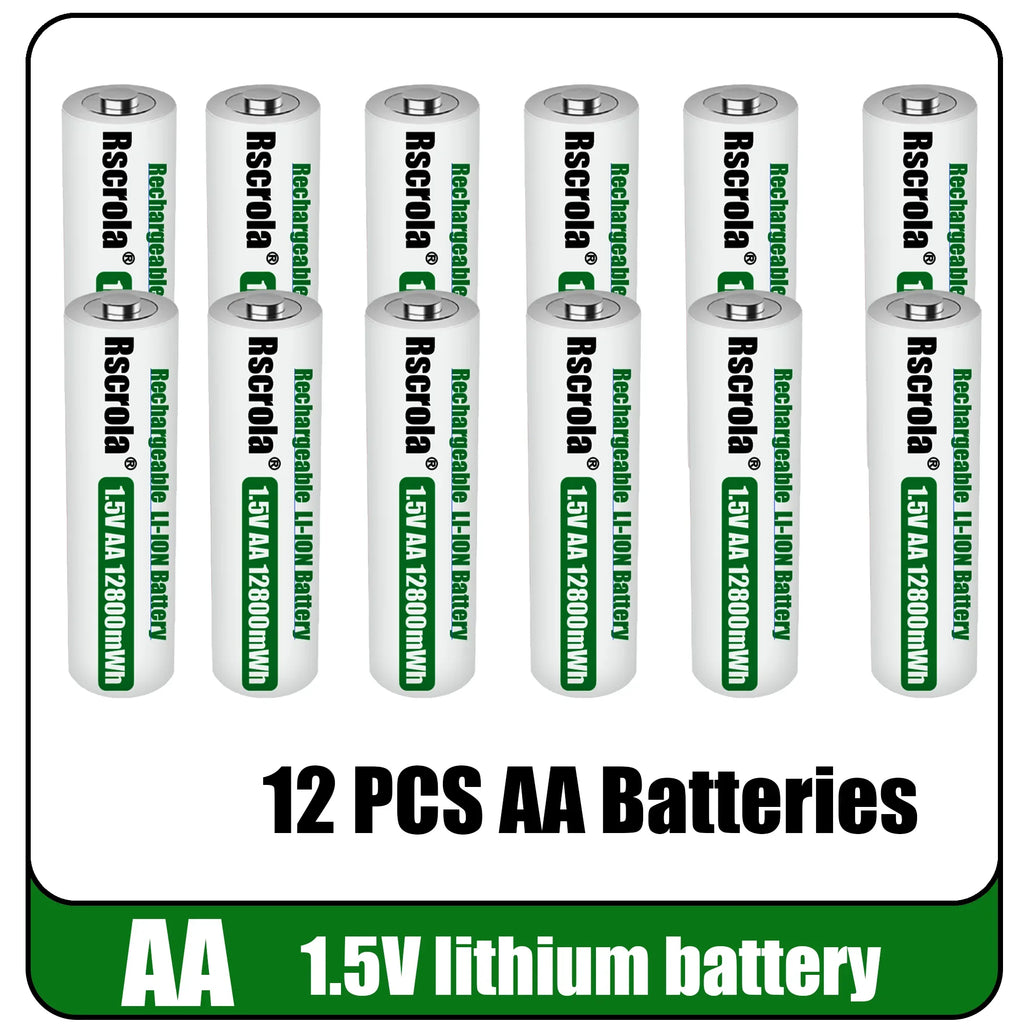 Universal Rechargeable 1.5V AA 12800mWh Lithium ion Battery Fast charging with Charger for Camare Clock Mouse Fan Electric Toys Oasis Select 12 PCS Batteries