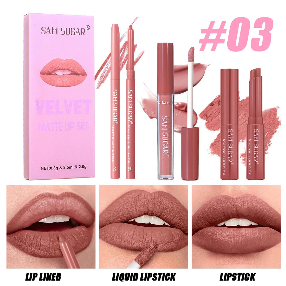 SAM SUGAR 3-in-1 Matte Lip Kit – Liner, Lipstick & Gloss Set