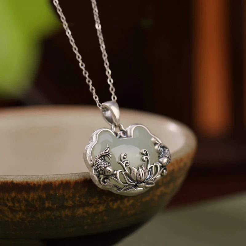 Cloud Pendant Necklace Double Fish Lotus Embossed Vintage Chinese Style Neck Jewelry Elegant Daily Outfit Matching Gift Oasis Select