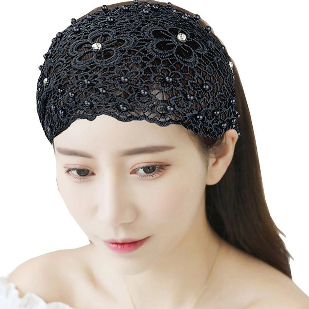 Women's Hollow Floral Rhinestone Pearl Wide Headband | Hair Band Wide Hair Headband Oasis Select Black One Size